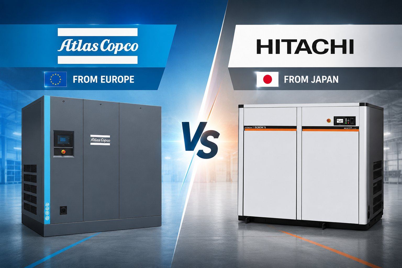 So sánh máy nén khí Atlascopco và Hitachi 